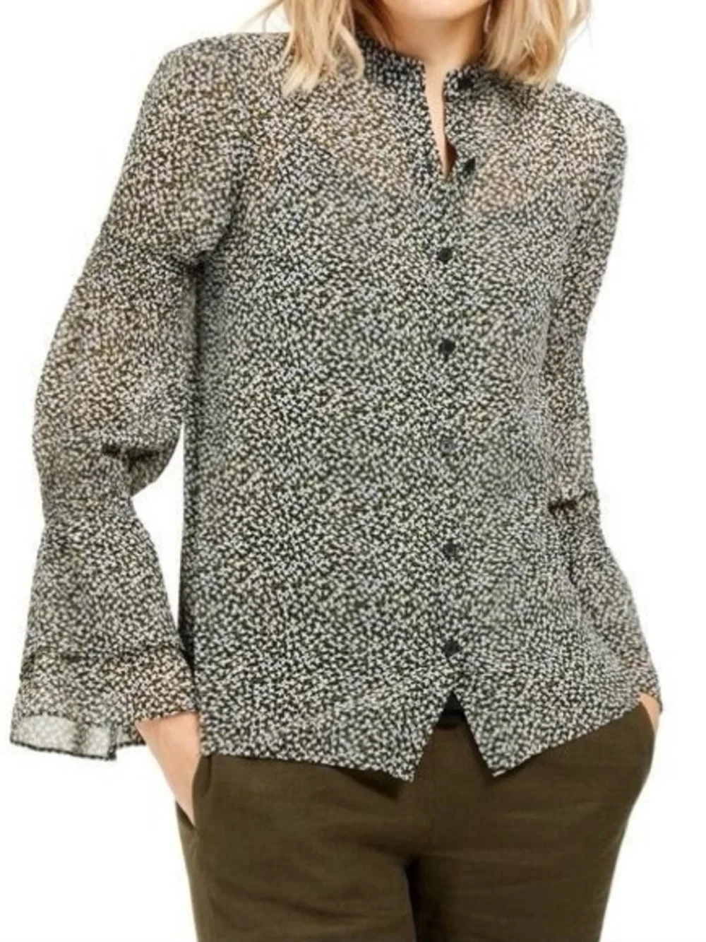 Michael Kors Green and Black Ditsy Floral Button-Front Blouse - size small